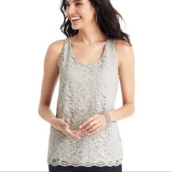 Ann Taylor LOFT Silver Beige Gray Lace Tank Top Metallic Layer Size Small - Picture 1 of 9